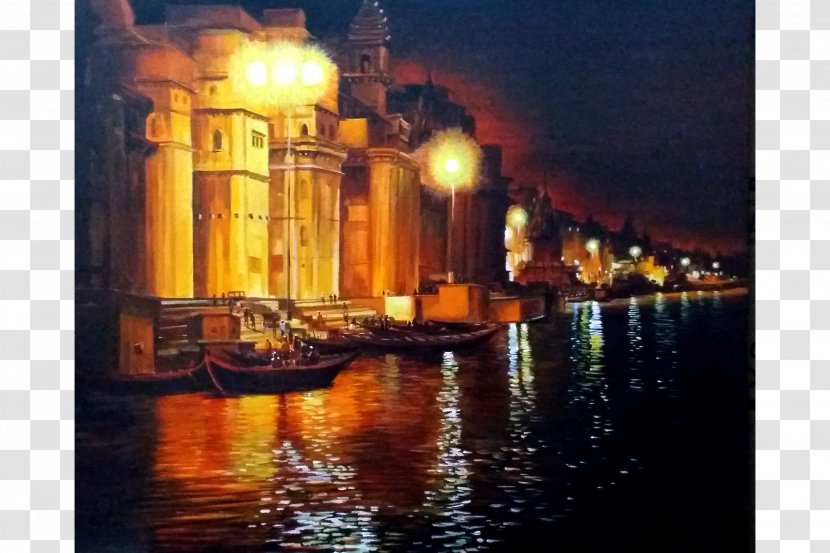 Ghats In Varanasi Painting Water Transportation - Night Transparent PNG