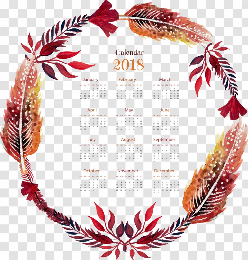 Red Watercolor Feather Calendar Template - Drawing Transparent PNG