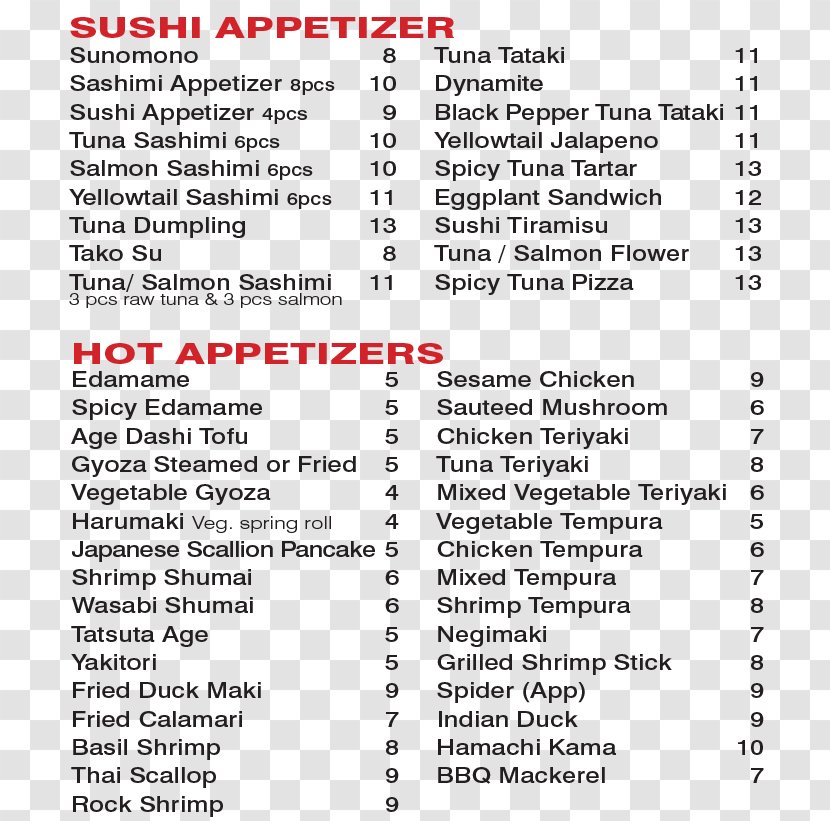 Ku Mo Sushi Document Line Menu - Text - Restaurant Appetizers Transparent PNG