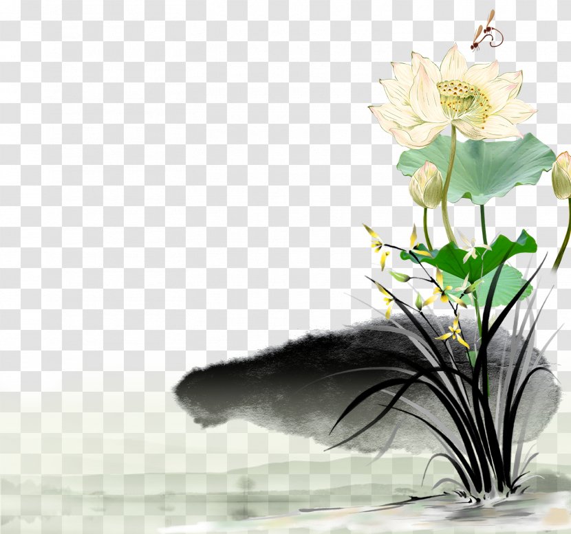 Ink Wash Painting Shan Shui Chinoiserie Download - Flowering Plant - Lotus Transparent PNG
