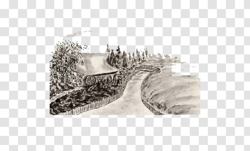 Ink Wash Painting Stock Illustration Royalty-free - Watermill - Country Road Transparent PNG