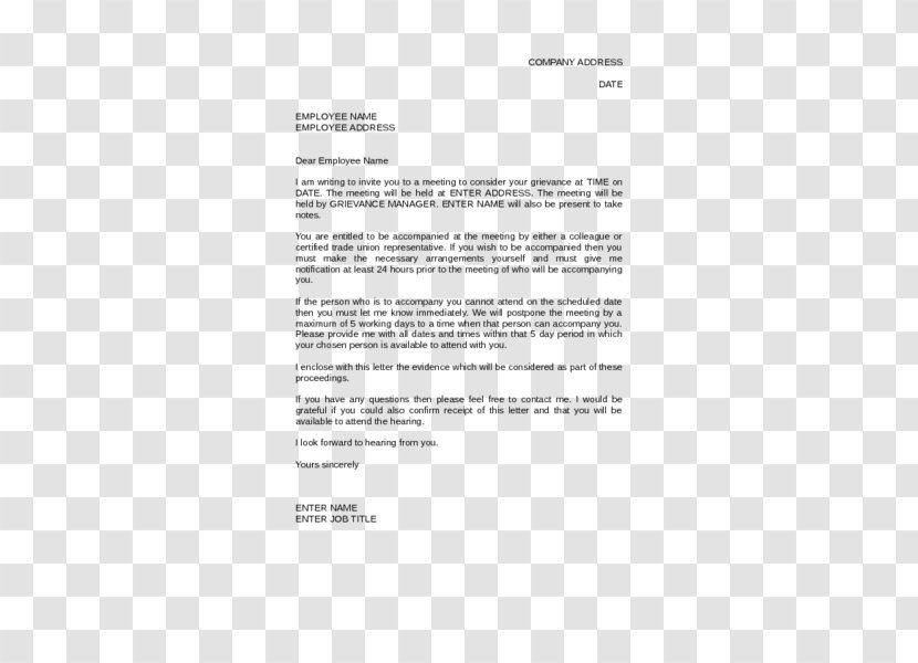 Document Grievance Template Letter Of Resignation - Cover - Invitation Transparent PNG