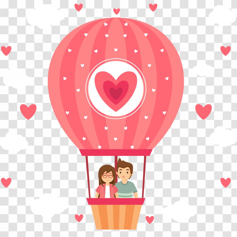 Hot Air Balloon - Tree - Couple Vector Illustration On Transparent PNG