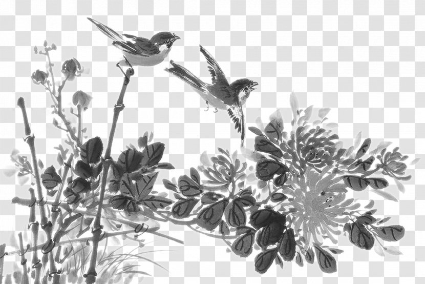 China Chinoiserie Ink Wash Painting Poster - Monochrome - Sparrow Chrysanthemum And Fence Transparent PNG