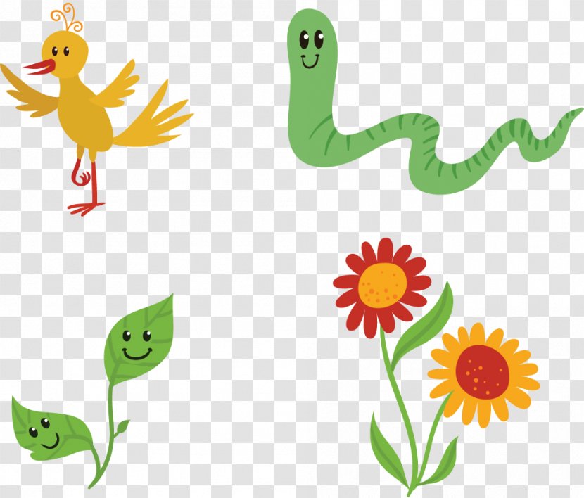Flower Drawing Clip Art - Yellow - Birds And Flowers Vector Snake Transparent PNG