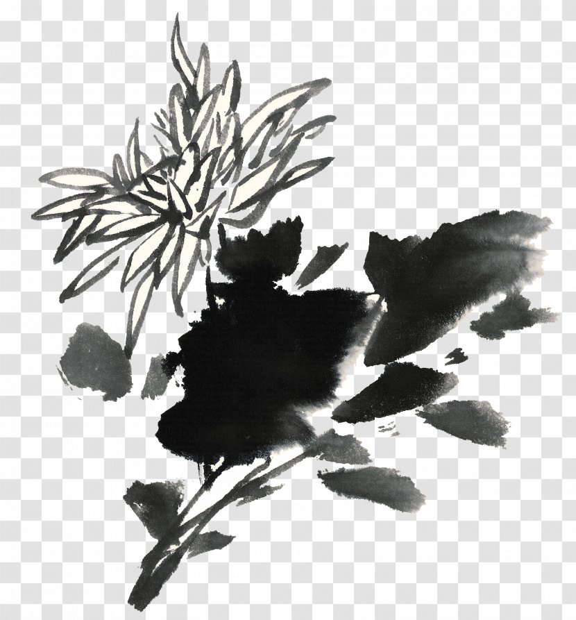 Ink Wash Painting Chinoiserie Brush - Tree - Chrysanthemum Transparent PNG