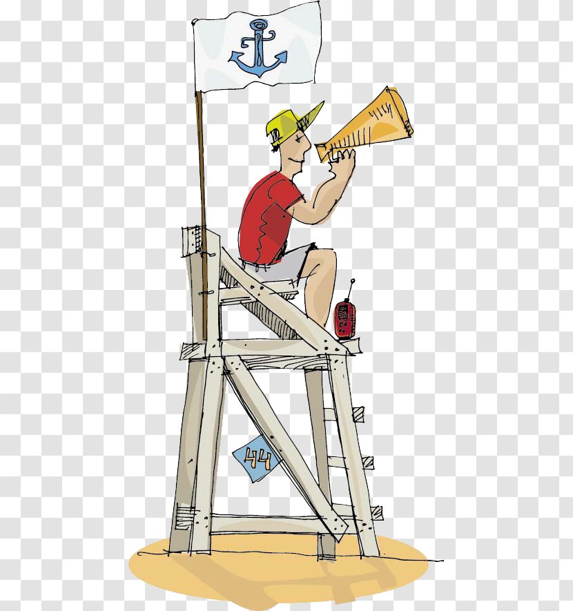 Cartoon Lifeguard Illustration - Standing - The Man Sitting On Stairs To Take Horn Transparent PNG