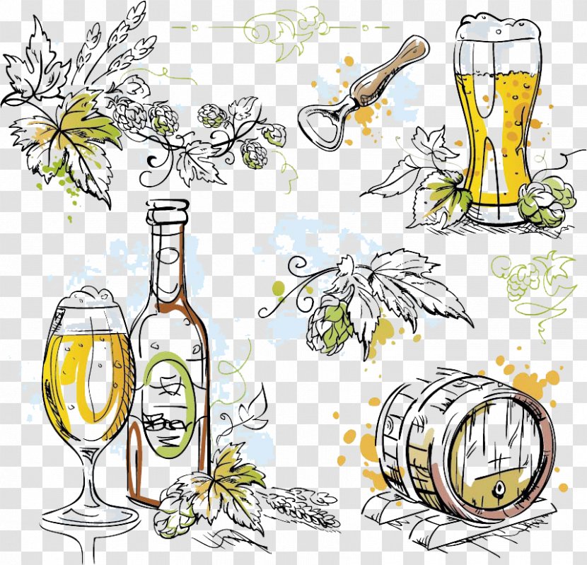 Beer Wine Hops Alcoholic Beverage - Drinkware - Hand-drawn Illustration Of Transparent PNG