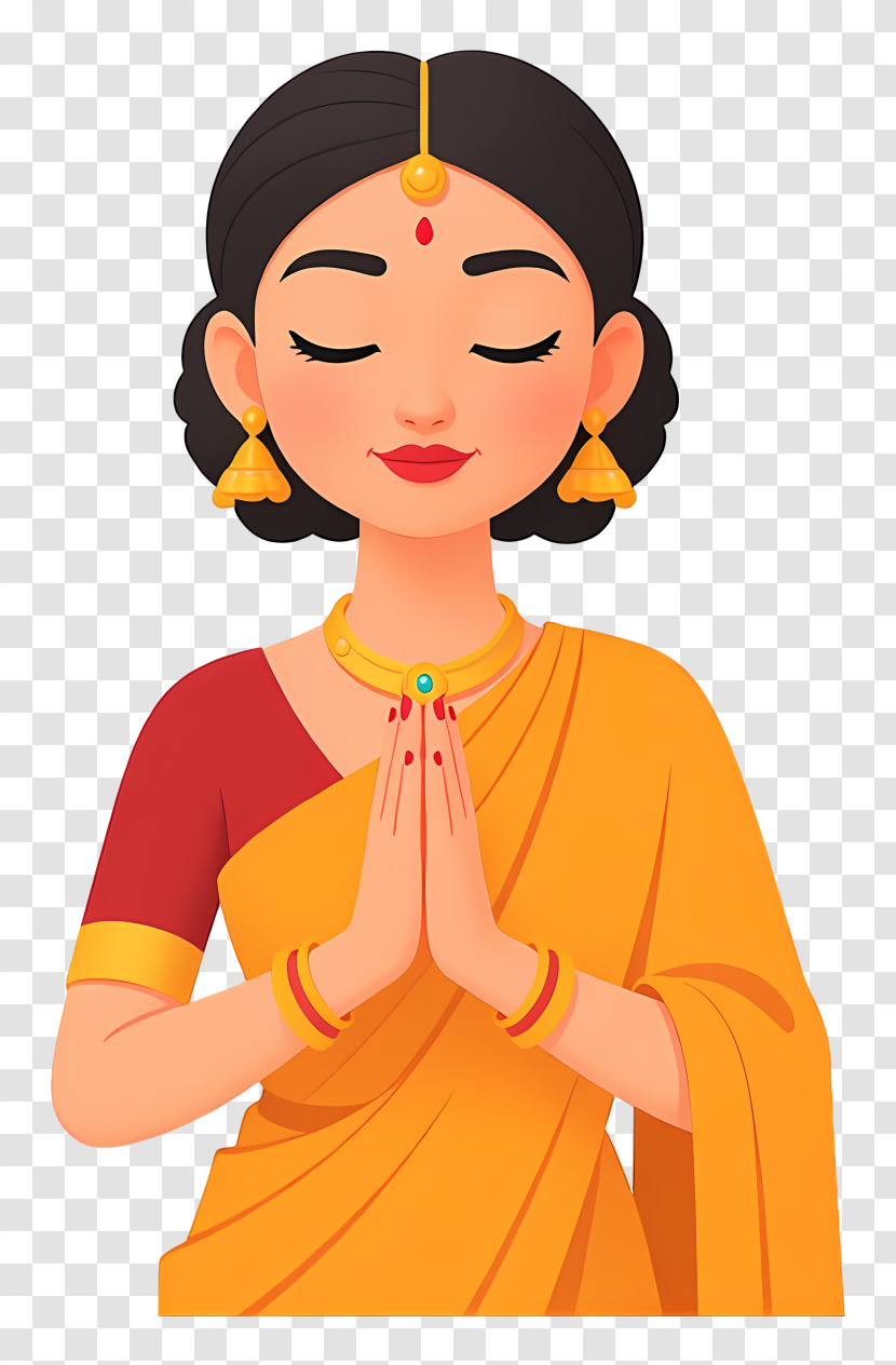 Indian Lady Doing Namaste - Woman In Yellow Sari Praying Transparent PNG