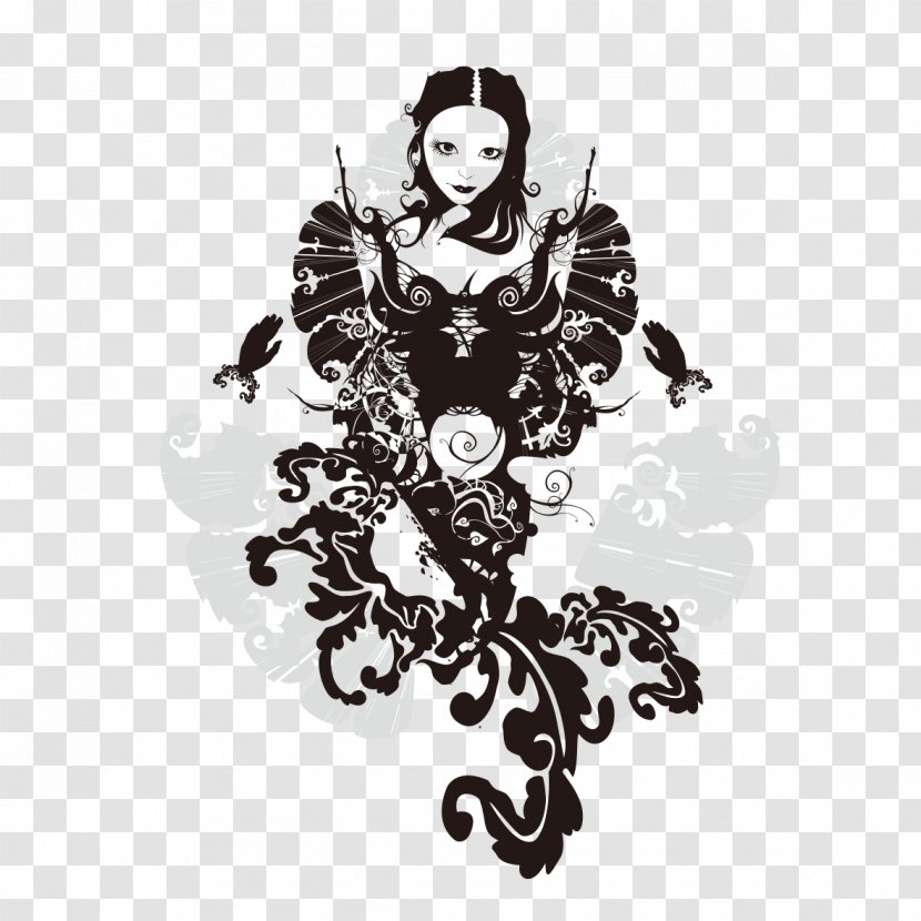 Black And White Euclidean Vector Illustration - Mythical Creature - Elegant Woman In Painting Transparent PNG