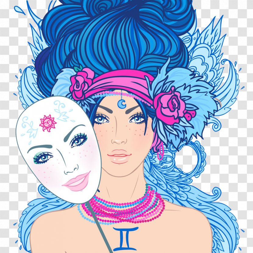 Gemini Astrological Sign Zodiac Astrology Illustration - Flower - Blue Masked Princess Transparent PNG