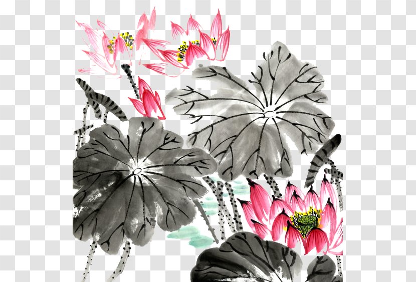 Floral Design Ink Wash Painting Chinese - Lotus Transparent PNG