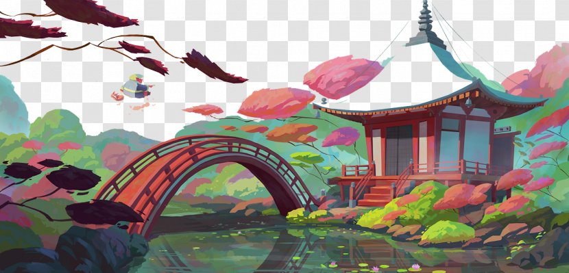 Painting Art Animation Illustration - Painted Forest Pavilion Bridge Background Transparent PNG