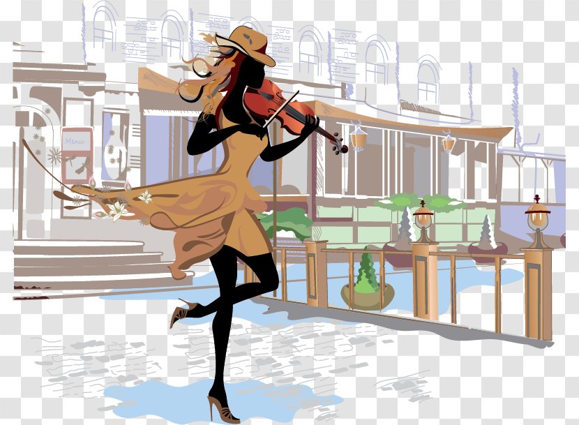 Cafe Musician Illustration - Violin Foreign Beauty Transparent PNG