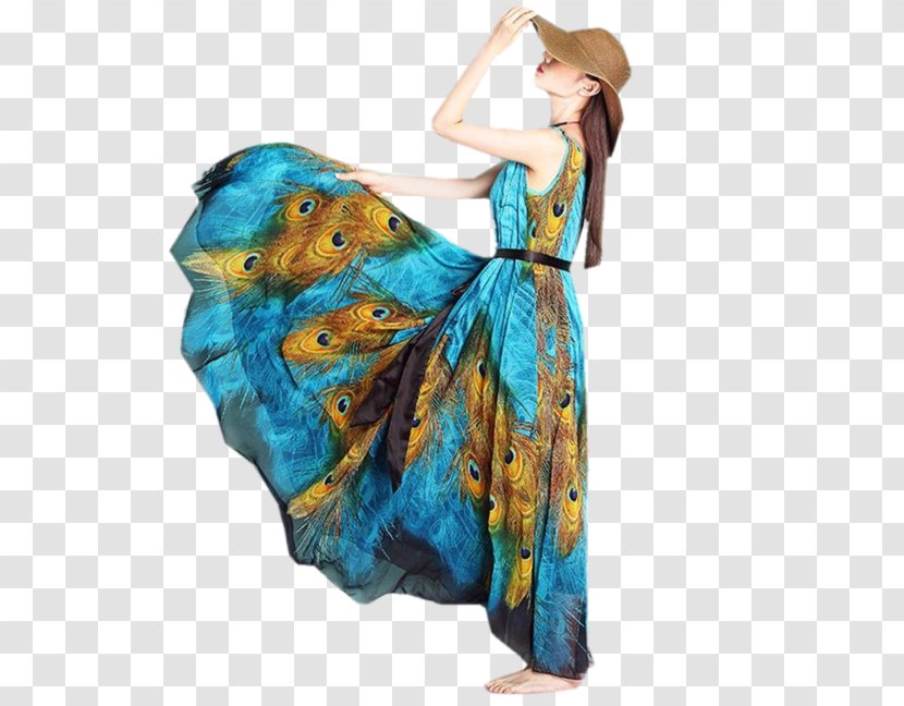 Peacock Print Dress Clothing Chiffon Long - Silk Transparent PNG