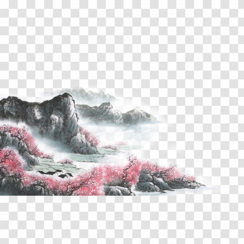 Ink Wash Painting Shan Shui - Heart - Chinese Wind And Landscape Water Rain Peach Material Transparent PNG