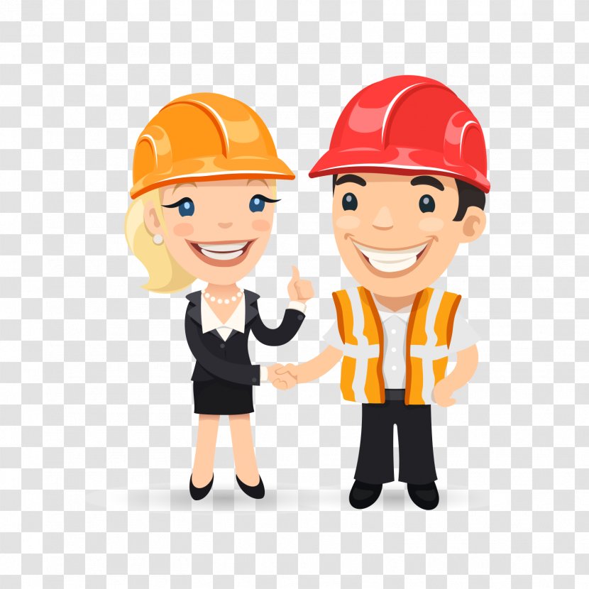 Cartoon Engineering Illustration - Child - Men And Women Shaking Hands With Helmets Transparent PNG