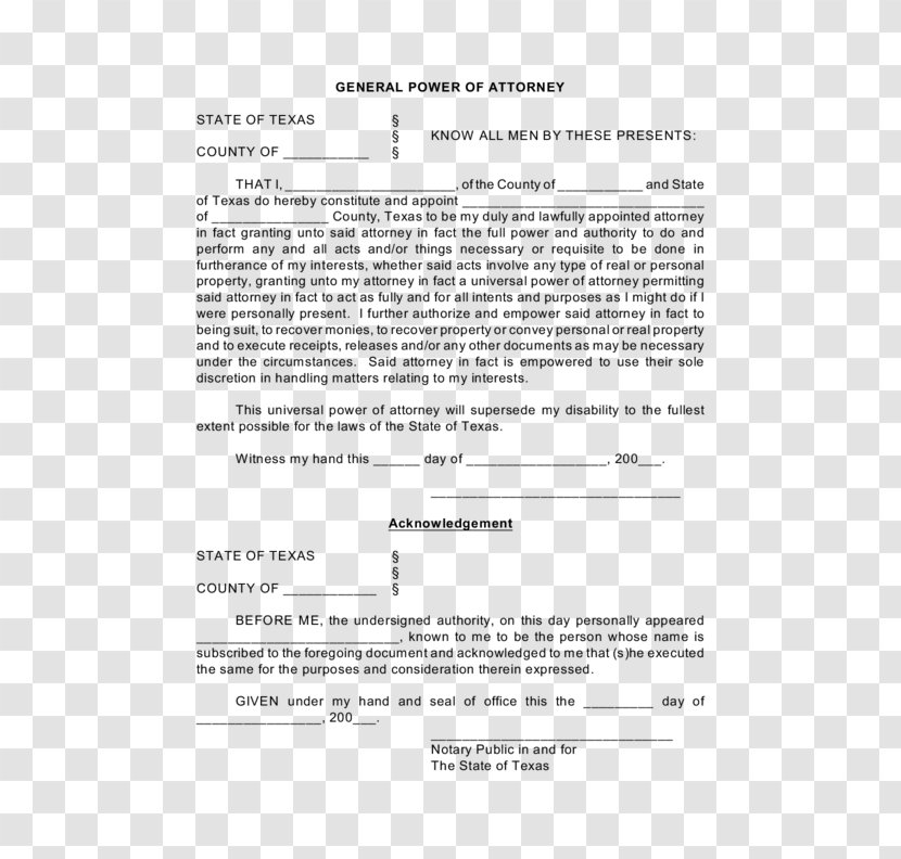 Texas Power Of Attorney Notary Public Form - Healthcare Proxy Transparent PNG