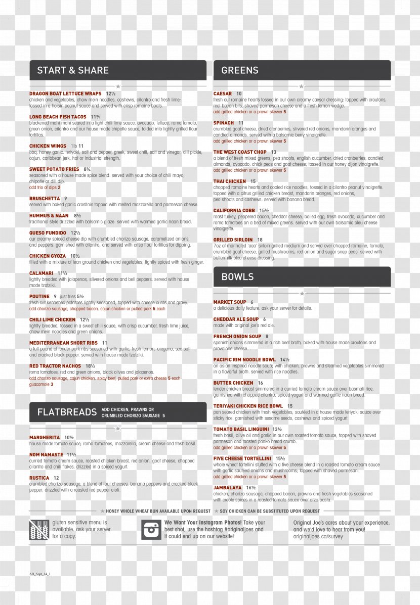 Original Joe's Restaurant & Bar Take-out Menu - Delivery Transparent PNG