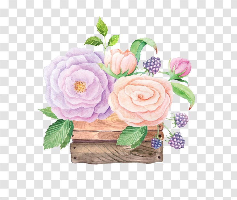 Garden Roses Watercolor Painting Wooden Box Crate Illustration - Floristry - Flower Baskets Transparent PNG