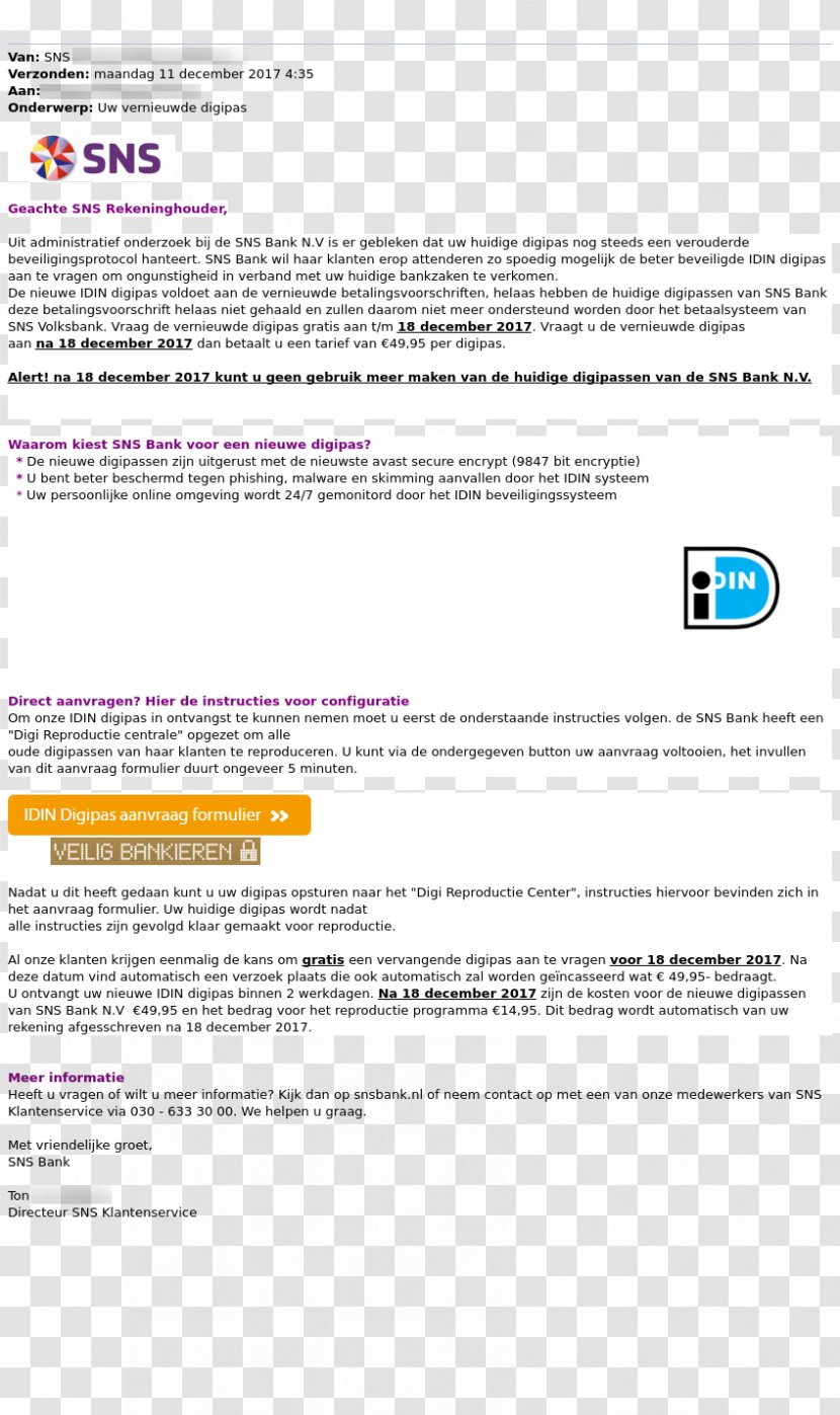 De Volksbank Document Customer Service Phishing - Media - Bank Transparent PNG