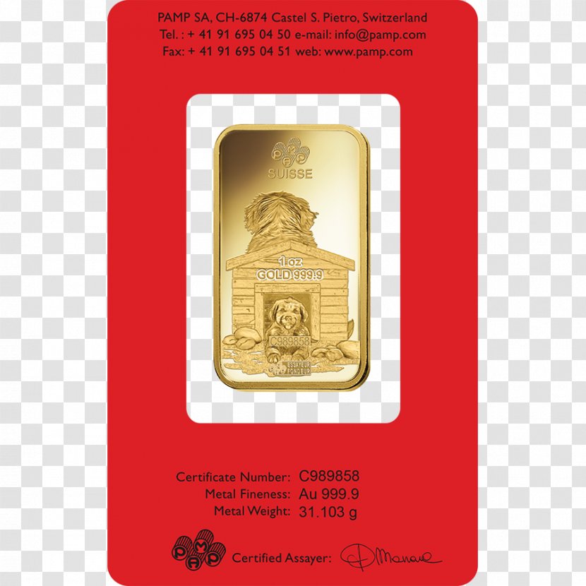 Gold Bar Bullion Coin PAMP - Ingot Puppy Transparent PNG