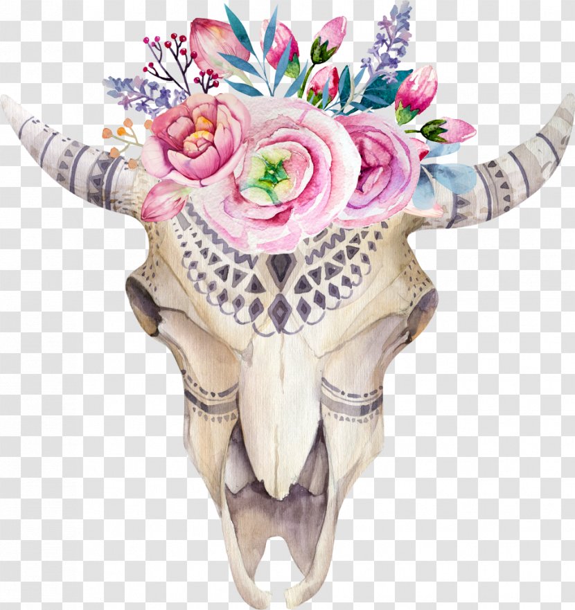 Texas Longhorn Flower Watercolor Painting Floral Design Skull Transparent PNG