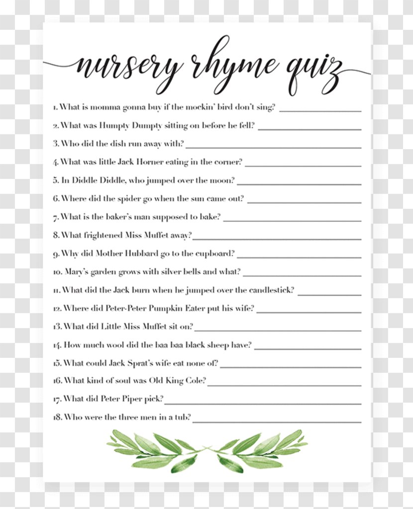 Quiz Nursery Rhyme Trivia Game - Green - Card Transparent PNG