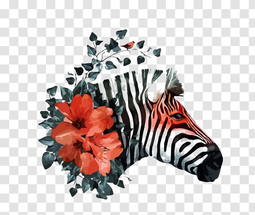 Zebra Wall Sticker Textile Room - Painted Dark Green Leaves With Red Flowers Transparent PNG