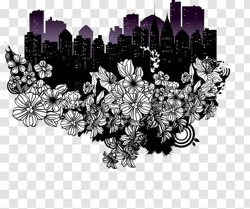 Silhouette City Black And White Photography - Flowers Transparent PNG
