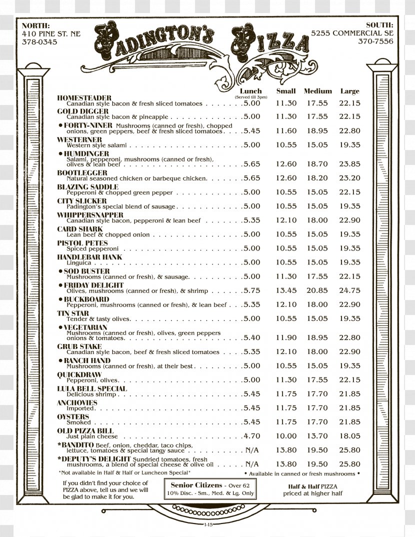 Padington's Pizza Location Bend Fizzy Drinks - South Salem - Menus Transparent PNG