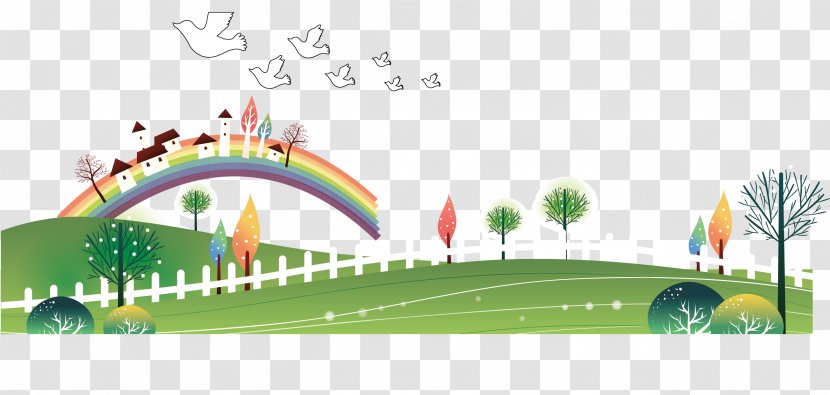Cartoon Child Illustration - Green - Grass And Rainbow Background Vector Transparent PNG