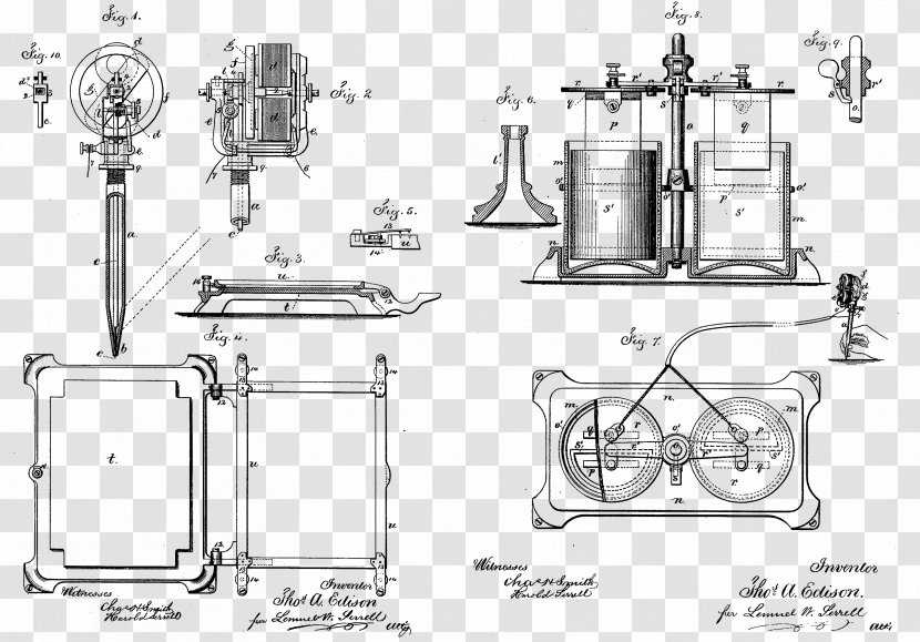 Tattoo Machine Typewriter Invention Drawing - Line Art - Thomas Edison Transparent PNG