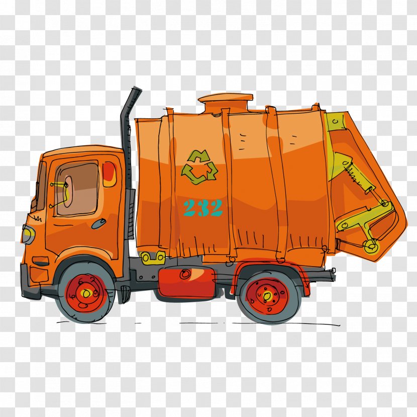 Garbage Truck Cartoon - Orange - Vector Yellow Hand-painted Flat Transparent PNG