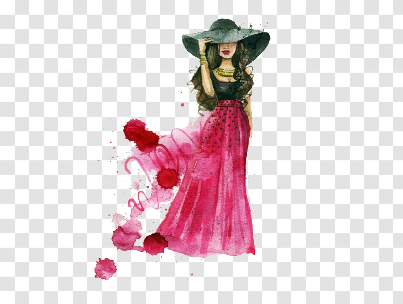 Fashion Design Watercolor Painting Woman - Flower - Red Painted Transparent PNG