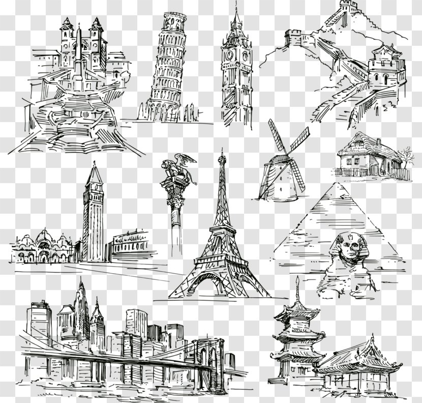 Statue Of Liberty Eiffel Tower Landmark Drawing - Symmetry - Hand-painted World Landmarks Transparent PNG