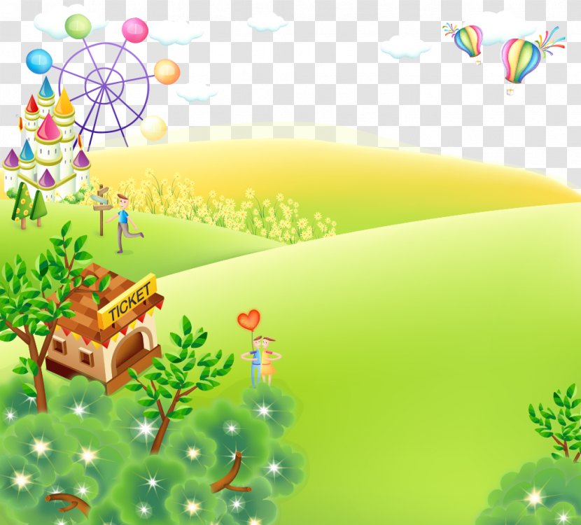 Cartoon Child Playground - Plant - Castle Grass House Landscape Hand-painted Balloon Transparent PNG