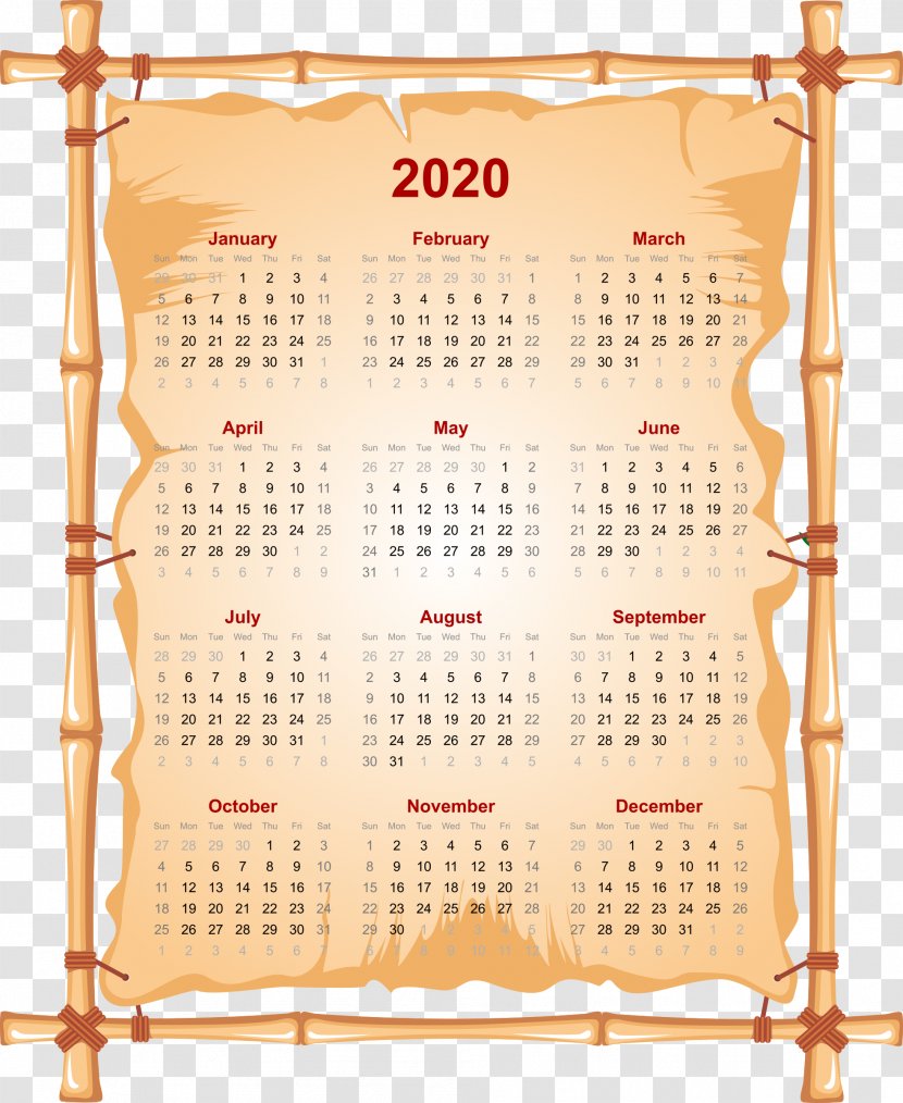 2020 Printable Calendar - Decorative Arts - Bamboo Transparent PNG