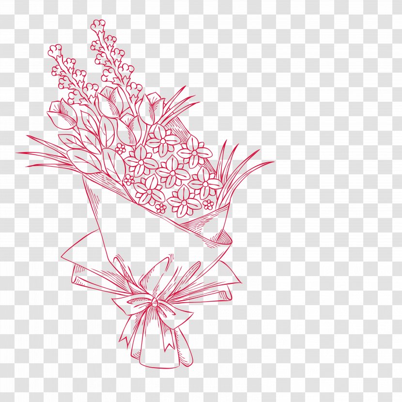 Pink Flower Bouquet Floral Design Drawing - Nosegay - Vector Sketch Transparent PNG