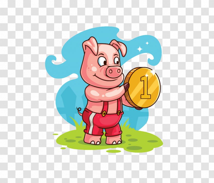 Porky Pig Domestic Cartoon Illustration - Fictional Character - Holding A Gold Coin Pink Piggy Transparent PNG