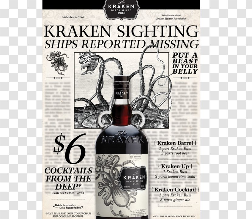 Liqueur Kraken Rum Distilled Beverage Whiskey - Whisky - Wine Transparent PNG