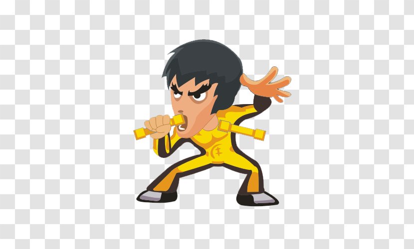 Cartoon Chinese Martial Arts Illustration - Bruce Lee - With The Double Stick Transparent PNG