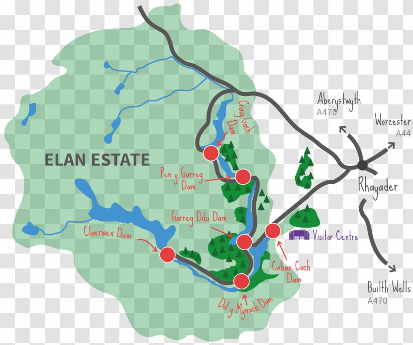 Elan Valley Reservoirs Builth Wells Map Dam - Walking - Thoroughfare Transparent PNG