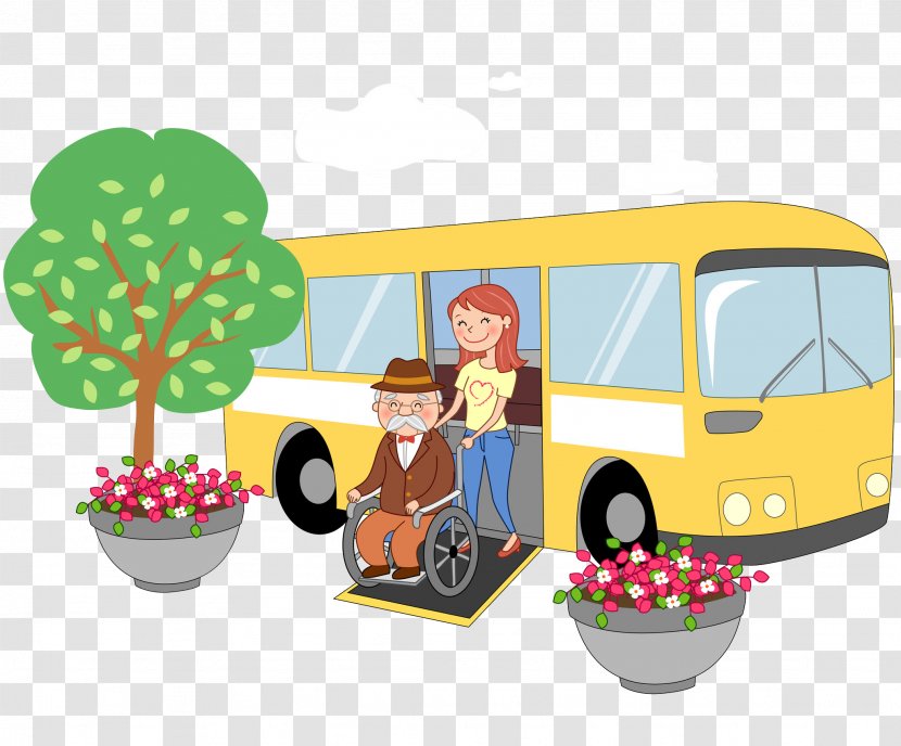 South Korea Cartoon Wheelchair Old Age Disability - Flower - Push The Grandfather On To Get Off Transparent PNG