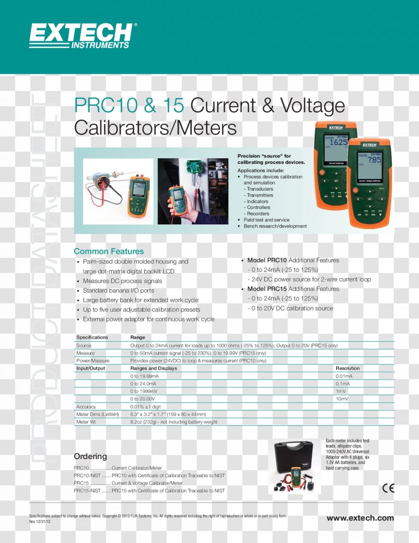 Extech PRC15 Current & Voltage Calibrator Instruments Calibration Electric Potential Difference Datasheet - Multimedia - Garanti Bank Transparent PNG