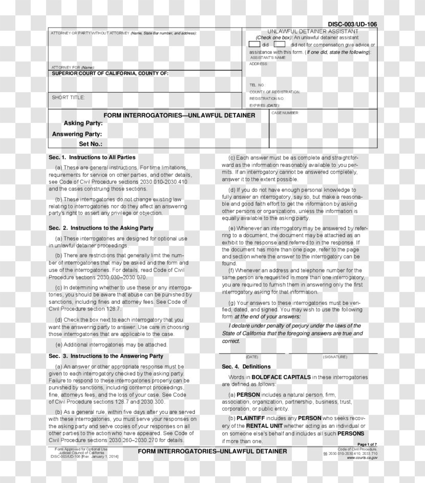 Interrogatories Discovery Form Template Document - Law - Detain Transparent PNG