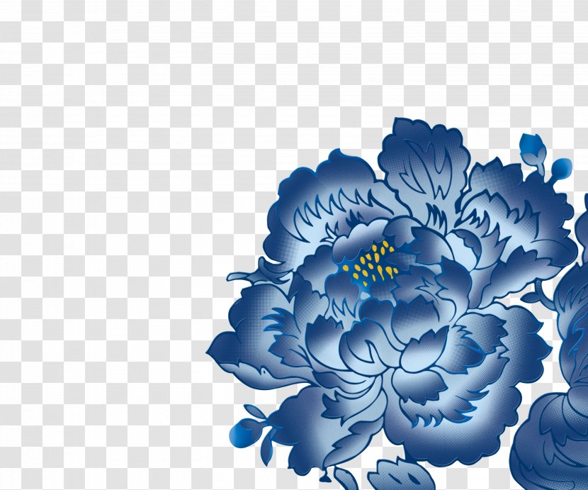 Moutan Peony Blue And White Pottery Wallpaper Transparent PNG