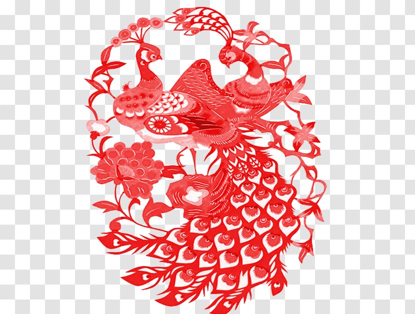 Chinese Paper Cutting Papercutting Peafowl Folk Art - Red Phoenix Cut Transparent PNG
