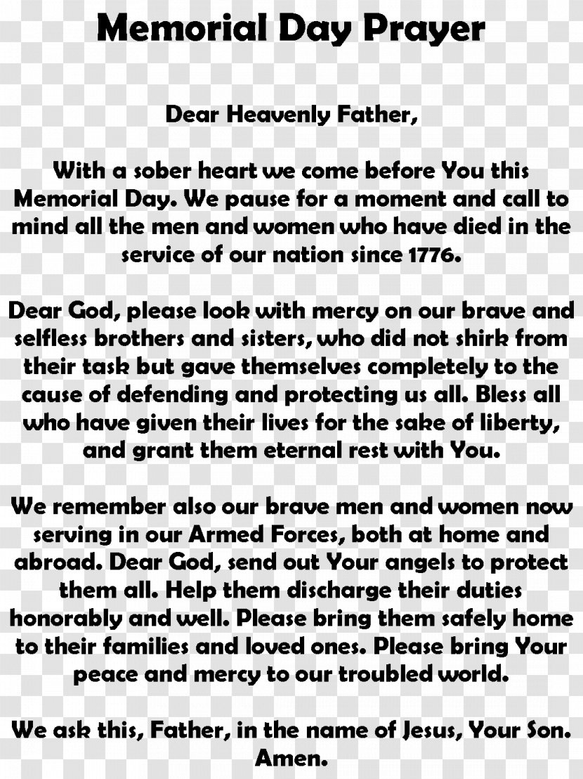 Memorial Day Poetry Soldier Prayer Speech - Federal Holidays In The United States Transparent PNG