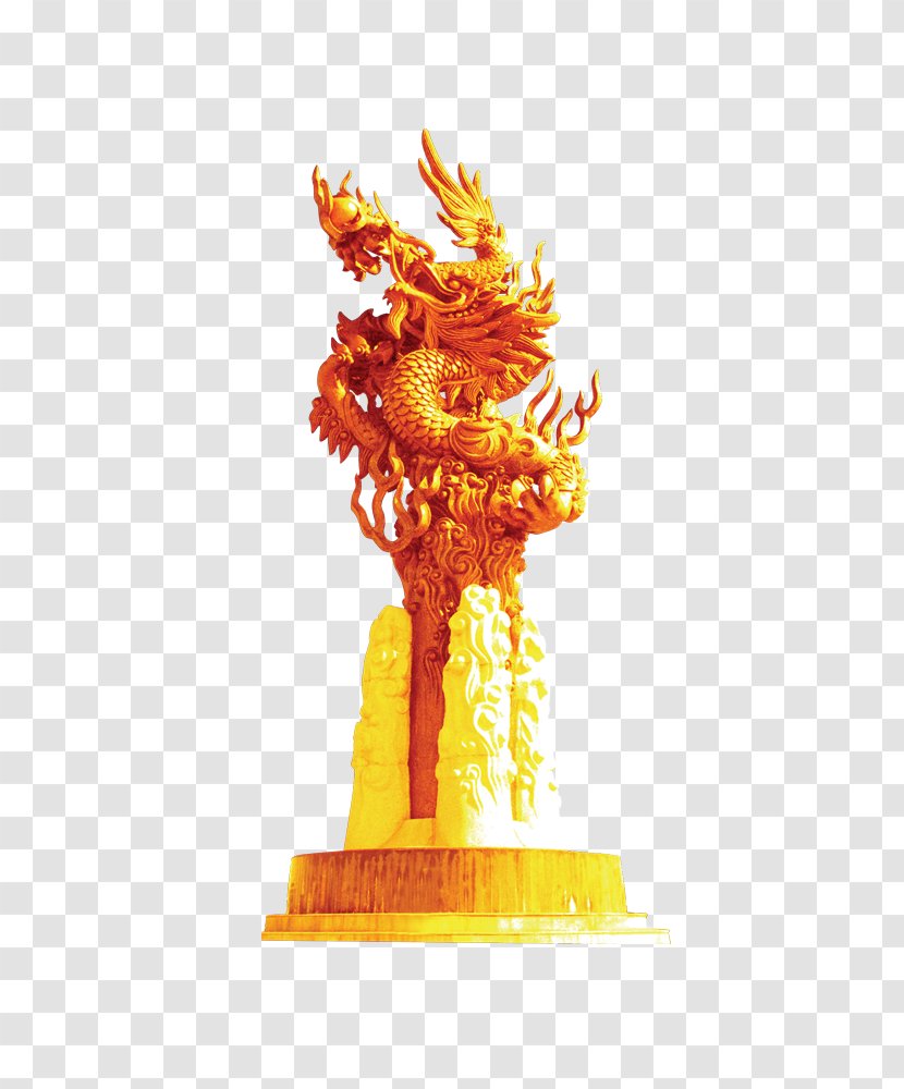 Download - Orange - Golden Dragon Statue Column Transparent PNG